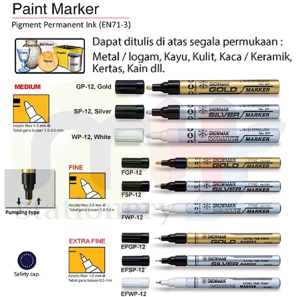 

HV84 Spidol Paint Marker Permanent Fine Tip Snowman GP-12 SP-12 WP-12 FGP-12 FSP-12 FWP-12 EFGP-12 EFSP-12 EFWP-12 GOLD EMAS SILVER PERAK WHITE PUTIH Extra Fine 36