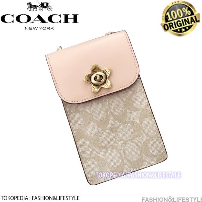 Coach Phone Crossbody Bag SIGNATURE CANVAS LIGHT KHAKI Flower Original