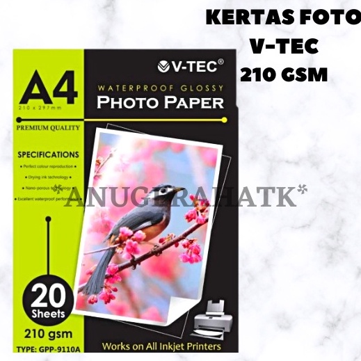 

(1 PACK = 20 LMBR) Kertas Glossy Photo Paper Vtec A4 210 gsm / Kertas Foto / Kertas Photo V-Tec Hot Sale