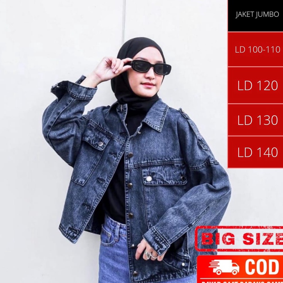 Super Sale➝ IKDVY Jaket Jeans Oversize LD 110 - 150 // Jaket Jumbo Saku Wanita Sandwash Denim Premiu