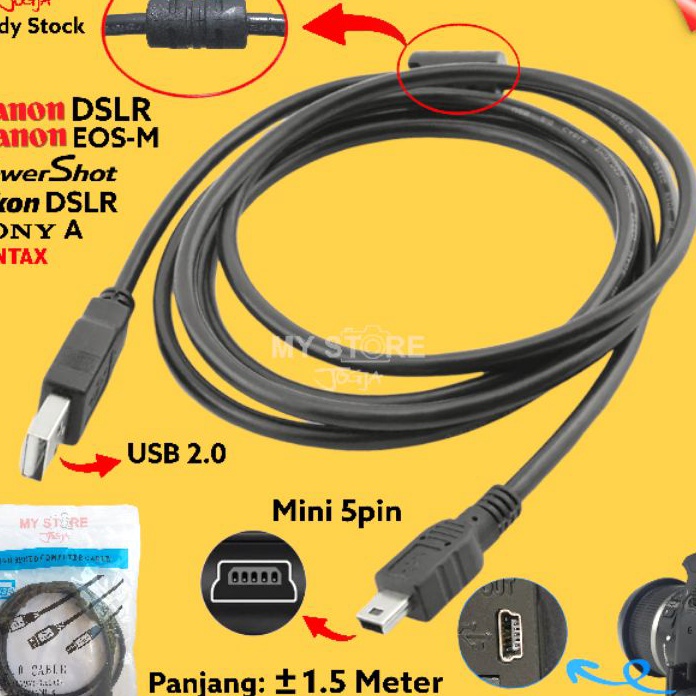 PALING AMPUH>>> Kabel Data Kamera Mini USB 5pin Charger Cable ± 1.5M Canon EOS DSLR 550D 600D 650D 7