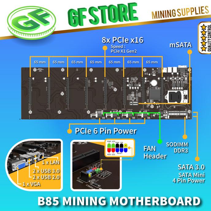 Mining Motherboard B85 With CPU - Riserless 8 GPU Mining