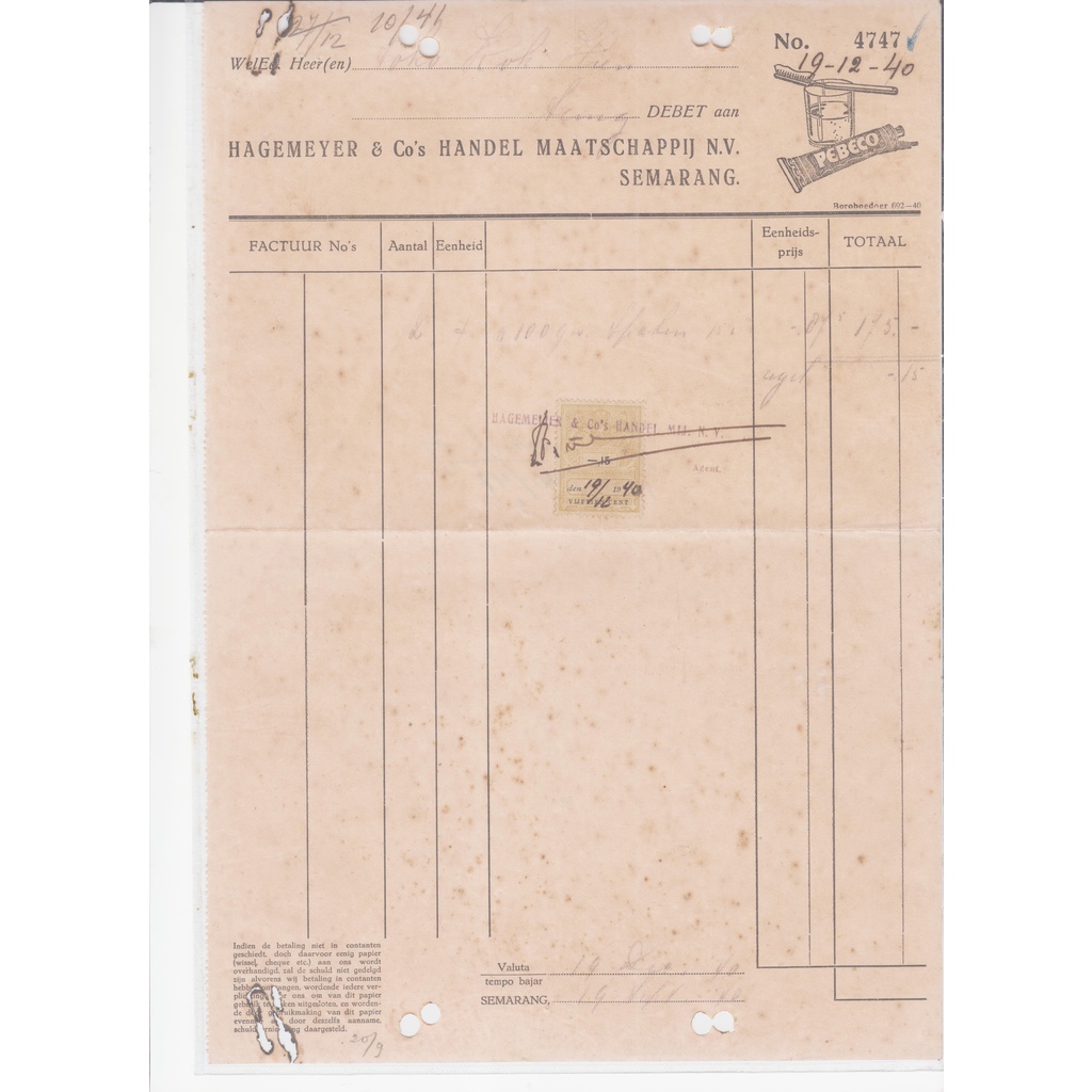 Dokumen Faktur Kuno Hagemeyer&Co Semarang Pebeco 1940
