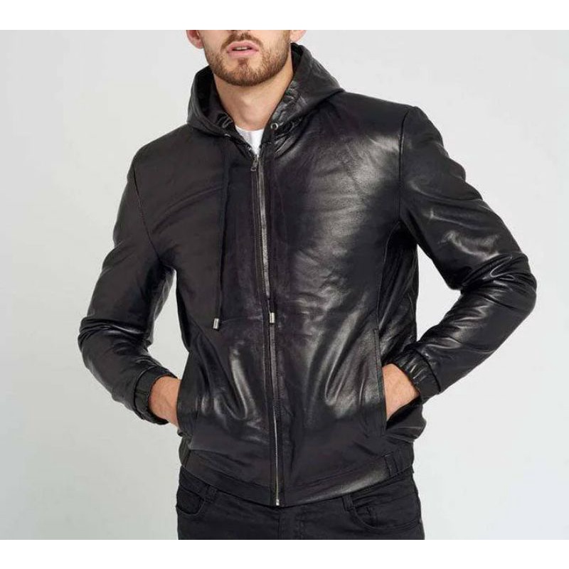 Jaket kulit pria dengan hoodie atau kupluk Jaket Kulit pria bahan kulit asli siap garansi - jaket ku