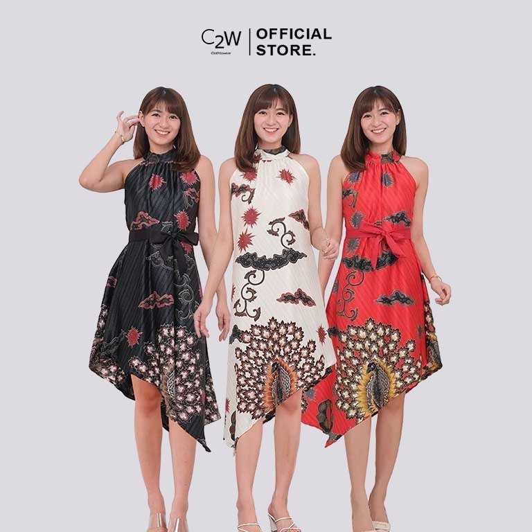 C2W Clothtowear Dress Batik Wanita All Size Satin Women's Clothes Halter Neck Loose Two Layer 640-AW