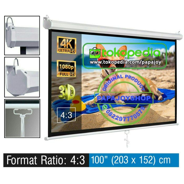 Terlaris Layar Proyektor Manual 100 Inch 4:3 (2 X 1,5) Meter Screen Gantung