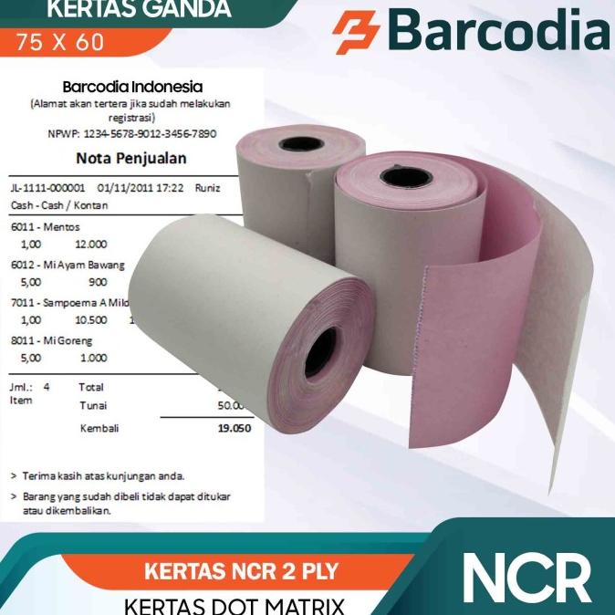 

Kertas Struk Kasir Ncr 75 X 60 Mm - 2Ply - Rangkap 2 - Ncr 2 Ply Original