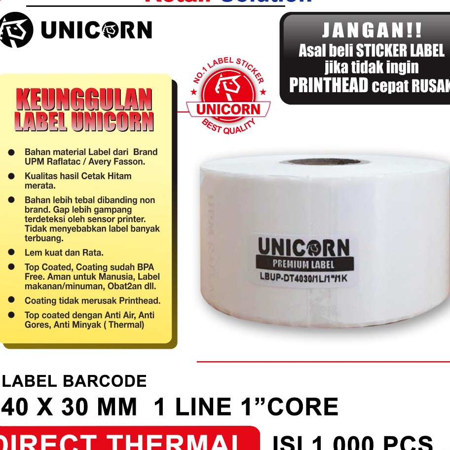 

× VIII 38106 Unicorn Stiker Label Barcode Thermal 40x30 mm / 40 x 30 mm / 40x30mm / 4x3CM Terbaruϟday ༄ᶦᶰᵈ᭄