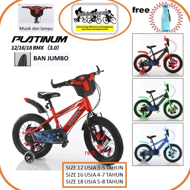 Paling Laris.. Sepeda Anak BMX 18" - 16" - 12"   PLATINUM  BAN JUMBO 3.0 FITUR Tameng musik dan lamp