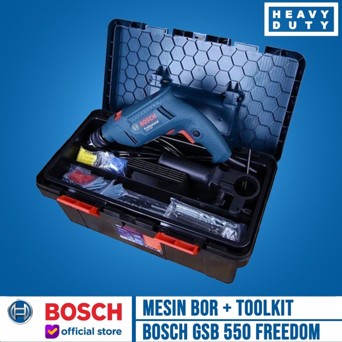 BOSCH GSB 550 Freedom Kit Set Impact Drill Bor Tembok Beton 13 mm 550W keren