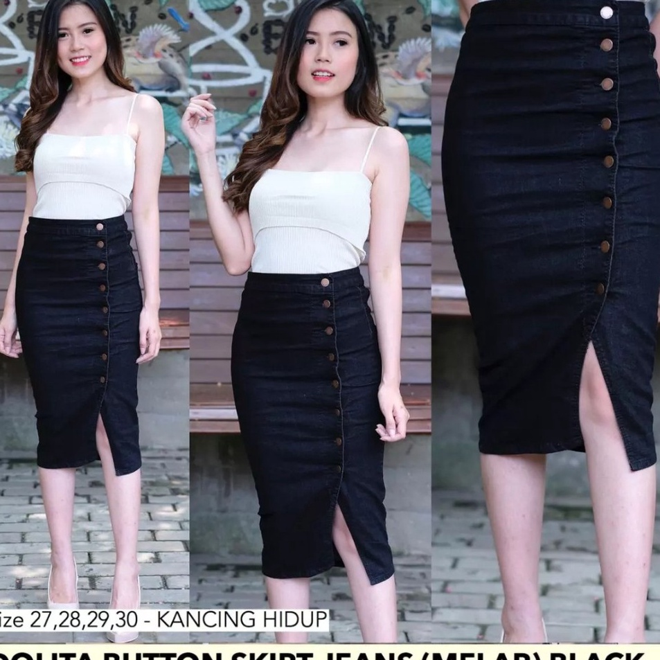 [ Bisa Cod ] Rok jeans span pendek full kancing Rok span hitam Rok span pendek jeans wanita