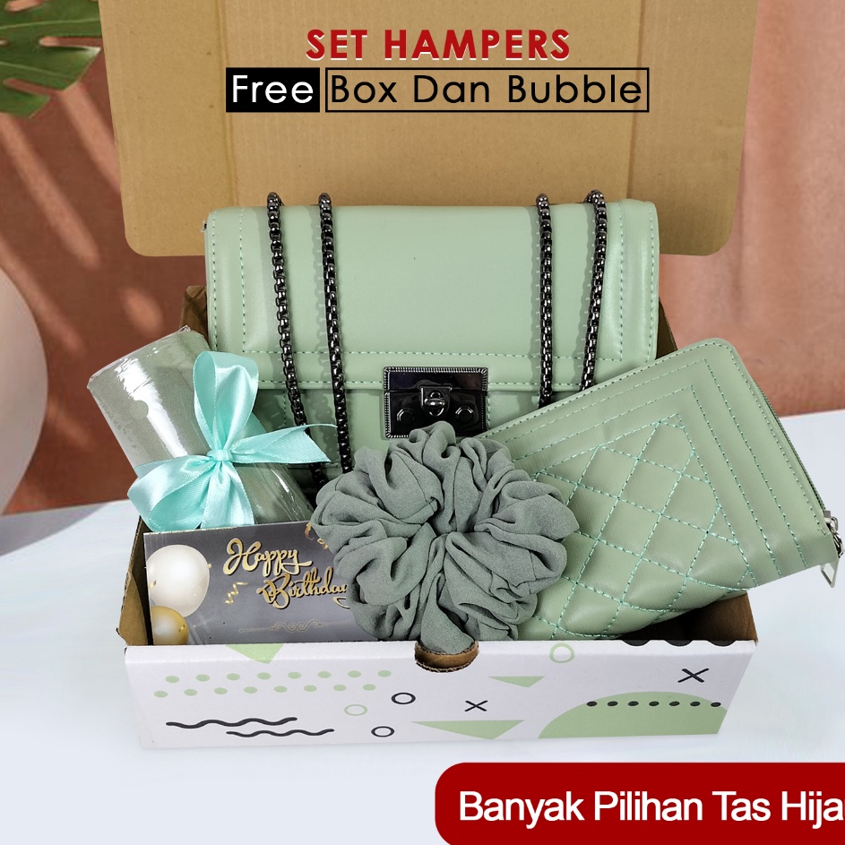 

Ready Stok Hampers kado ulang tahun cewek paket hadiah wisuda hadiah wedding gift set tas cewek serba matcha sage !!!