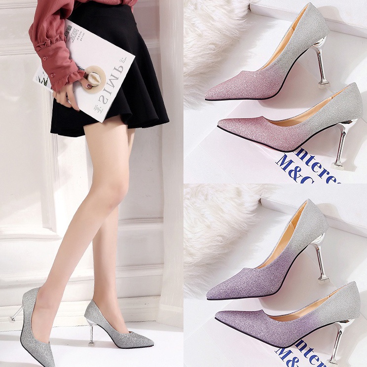 Sepatu Hak Tinggi Wanita Pernikahan Pengantin Terbaru Korea Murah Runcing Elegan Modis Warna Gradien