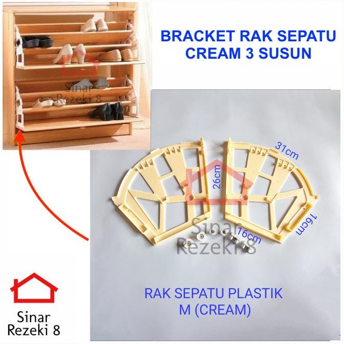 :::::::] Rak Lemari Sepatu Bracket Engsel Fitting Putar 3 Susun CREAM Plastik M