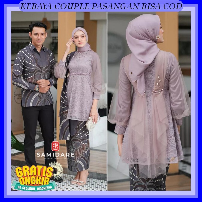 Baju Kebaya Couple Pasangan Kekinian 2023 1 Set Pakaian Brokat Atasan Brokat Wisuda Modern Hijab Rem