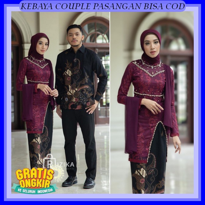 Baju Kebaya Couple Pasangan Kekinian 2023 1 Set Pakaian Brokat Atasan Brokat Wisuda Modern Hijab Rem