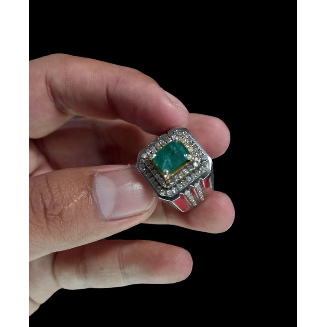 cincin berlian pria mata utama natural zambrud berat 1.50 ct keliling full berlian eropa ring perak 