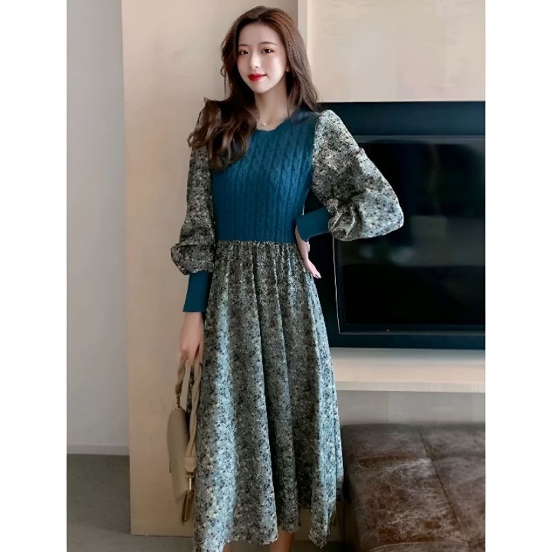 PHYLICIA Midi Dress Bunga Bunga Lengan Panjang Special Baru Murah - Gaun Import Bahan Rajut Polos Ko