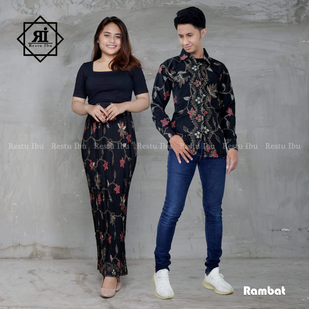 COD Restu Colletion Stelan Couple Kemeja Lengan Panjang  Pria Dan Rok Plisket Wanita Motif Rambat Batik Cocok Untuk Acara Nikahan Kondangan Tunangan Wisuda / Acara Besar Lainnya