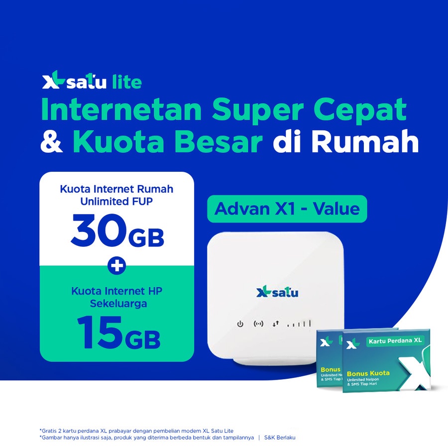 XL SATU Lite Value Internet Rumah Unlimited 30GB + Kuota HP 15GB K379 - K421