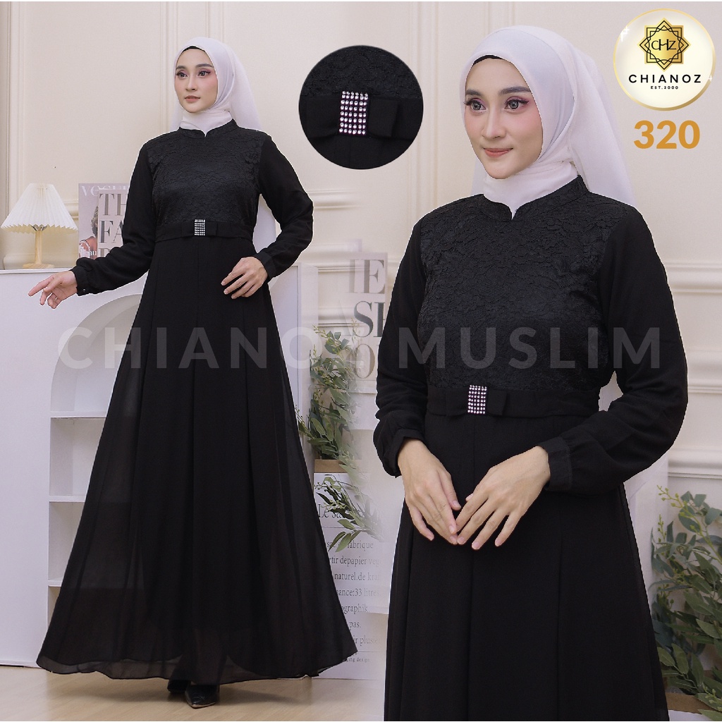 CHIANOZ Gamis Hitam Mewah Riana Dress Brukat Renda Baju Lebaran Umroh Haji Manasik Pesta Akad 320 312