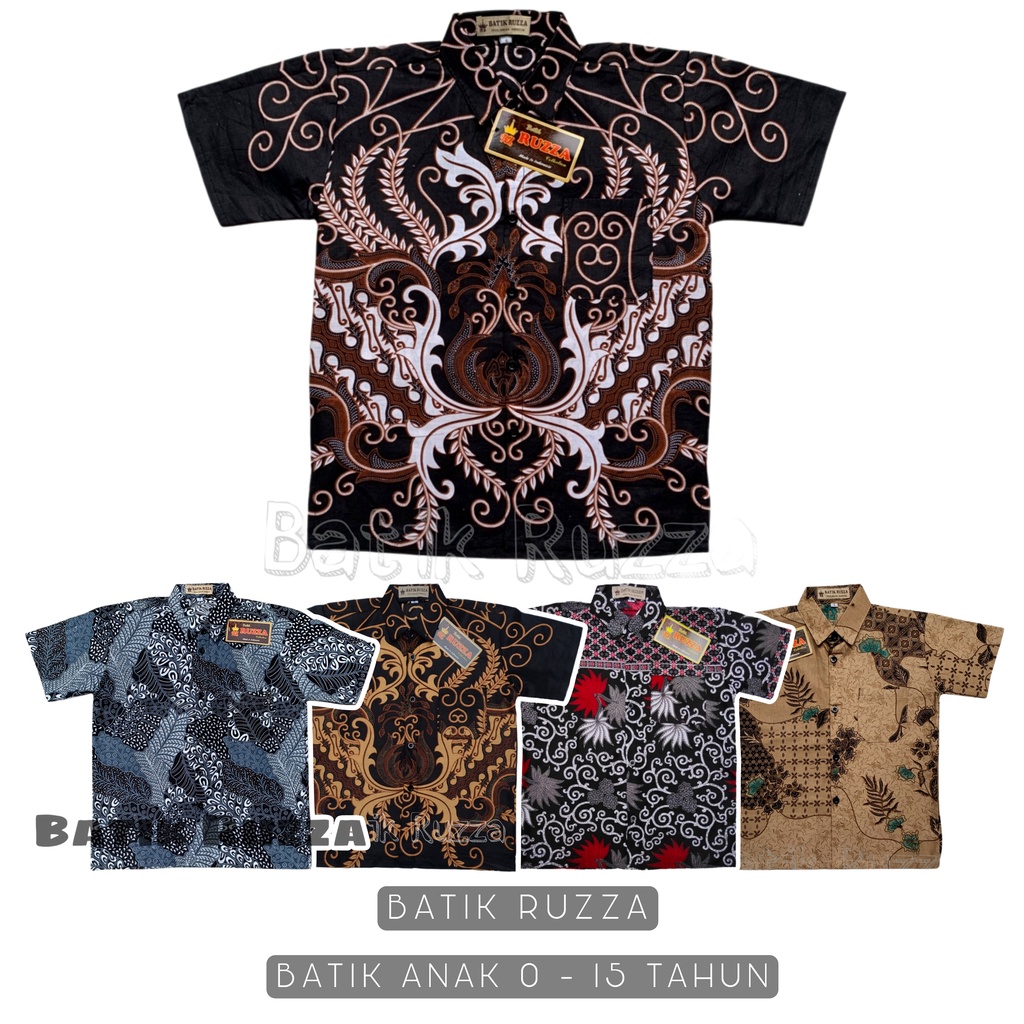 RUZZA Batik Anak Ukuran 0-15 Tahun Kemeja Motif Kembang Langit Hitam Manggar Sogan Cirebon