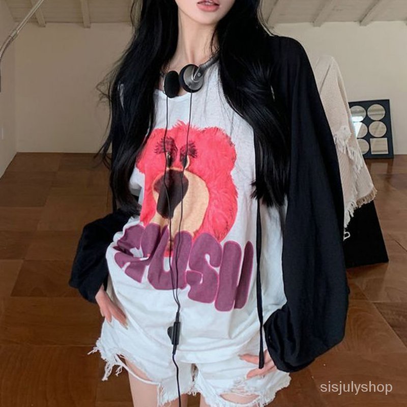 T-shirt berkerudung warna kontras wanita awal musim gugur tipis lengan panjang longgar sedang dan pa