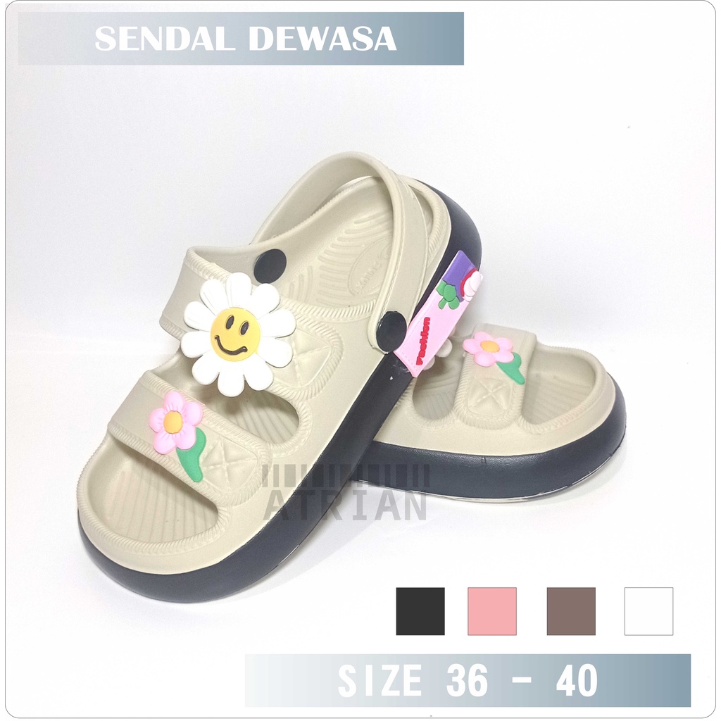 SENDAL DEWASA FLAT CASUAL BARU TALI BELAKANG MOTIF BUNGA BARU KEKINIAN