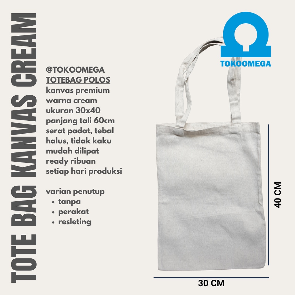 Totebag Custom Canvas Cream Dan Tas Tote Bag Polos 30x40 Tas Kuliah Wanita Dan Pria, Tote Bag Resleting Kanvas Tebal