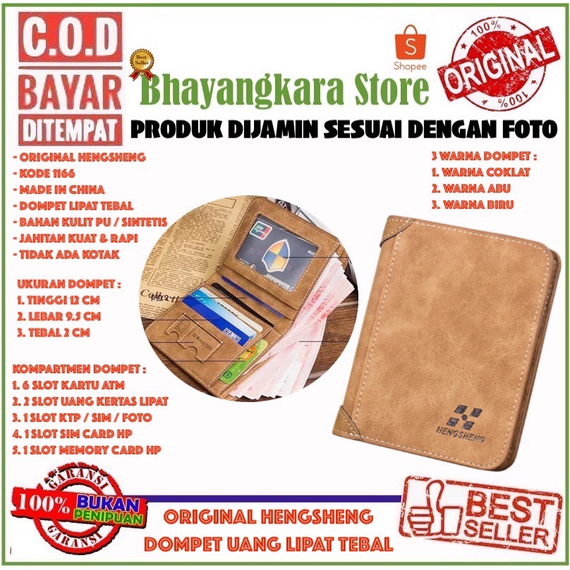IMPOR ORIGINAL HENGSHENG 1166-2 DOMPET LIPAT DUA PRIA TEBAL KULIT PU