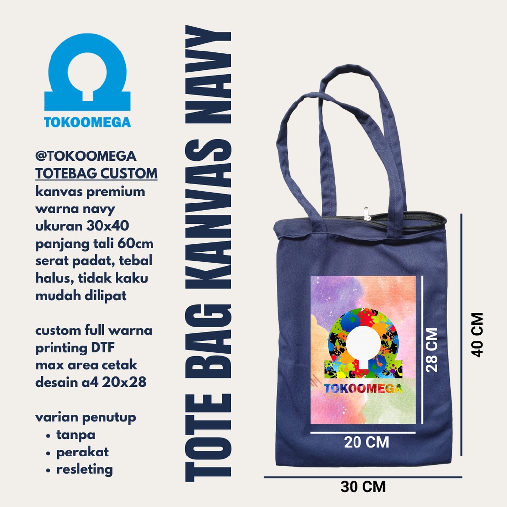 Totebag Custom Canvas Navy Cocok Untuk Kuliah Wanita Dan Pria, Tote Bag Resleting Kanvas Tebal Tas Tote Bag Polos 30x40