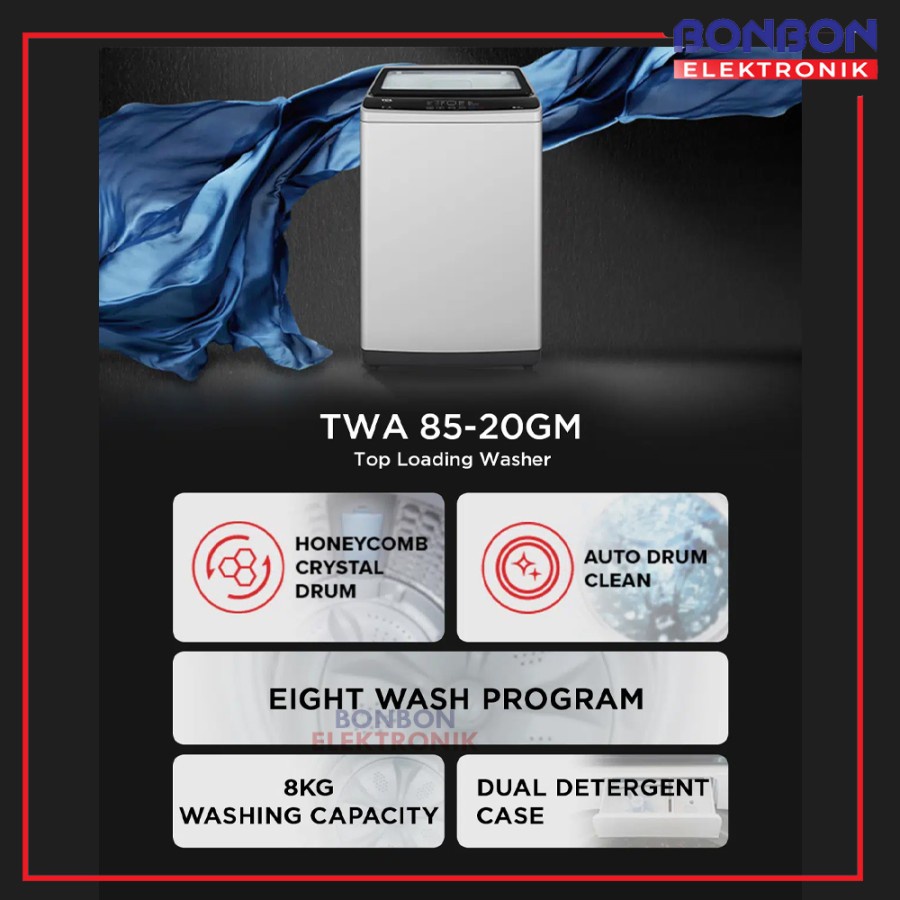 TCL Mesin Cuci Top Loading 1 Tabung 8KG TWA85-20GM / TWA85