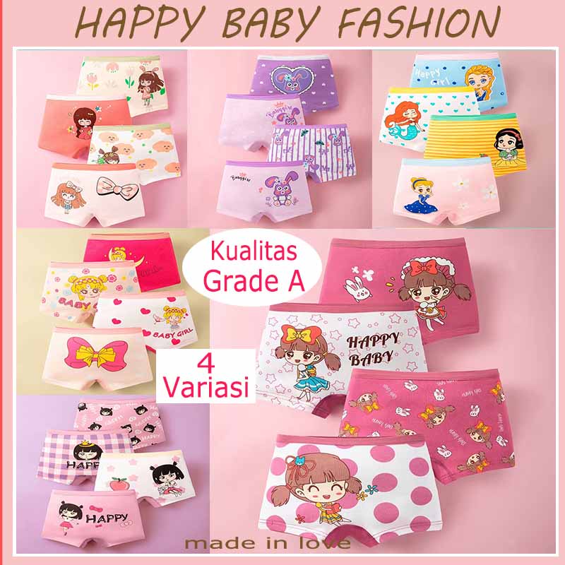 【Happy Baby】2-12 Tahun Celana Dalam Boxer Anak Perempuan Motif Princess 1 SET 4 PCS (4 IN 1) CD020