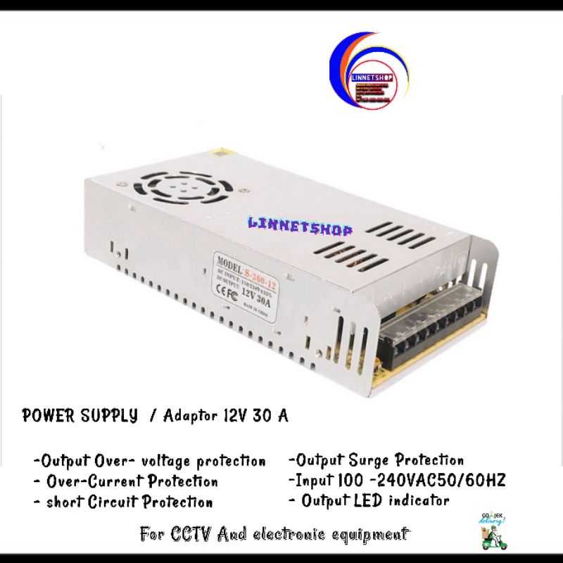 POWER SUPPLY Swithing 12V 30A 370 WATT Cocok Untuk CCTV Led Radio