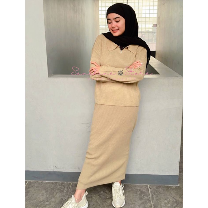 One Set Setelan Rok Span Rajut Dan Atasan Polo Rajut Wanita Fit To XL