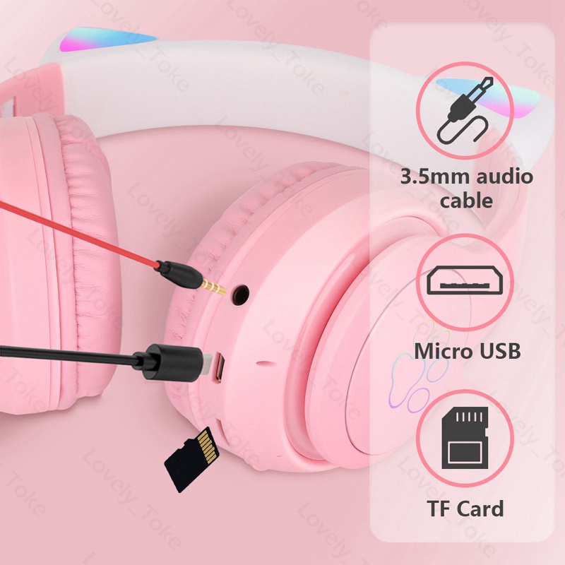 LED Color Light Cute Cat Ear Headphone with Mic STN-28 Pro Foldable Wireless Headphones Bluetooth Earphone HiFi Stereo Headset Bluetooth Headset Gaming No Delay Headphone Bluetooth