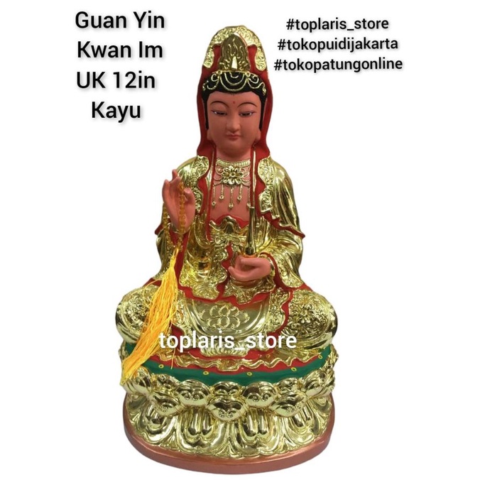Patung Kwan Im Kayu 12in Emas 022