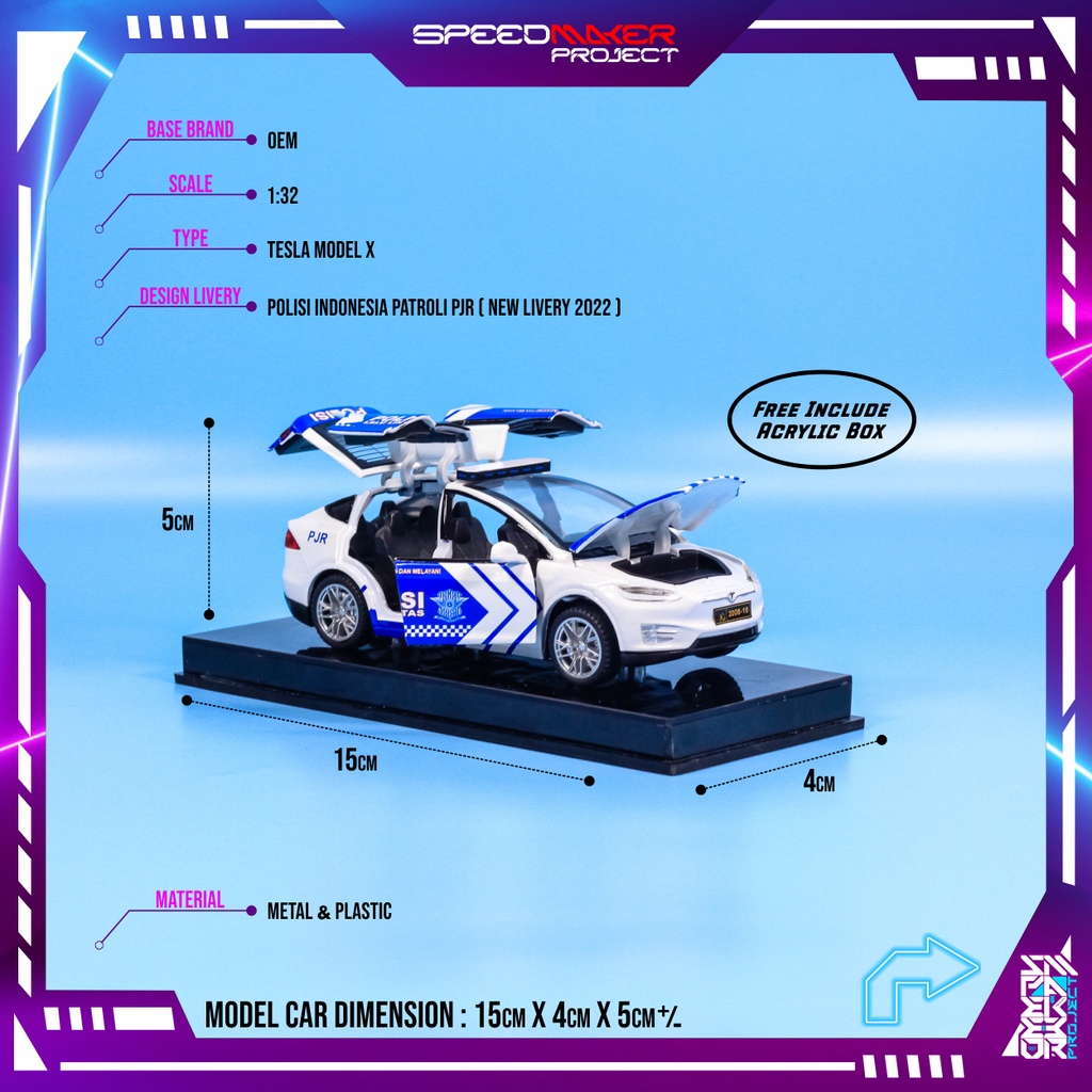 Diecast Custom Tesla Model X Polisi Indonesia Patroli PJR Miniatur Replika Mobil Listrik 1:32