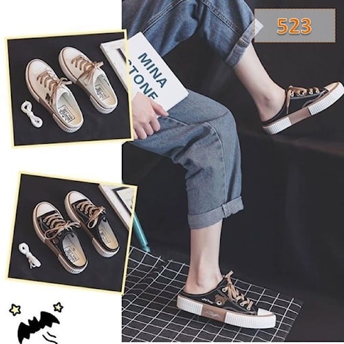 sepatu slip on  selop motif Beruang fashionable  pvn cewe cewek wanita dewasa  warna hitam gold polo