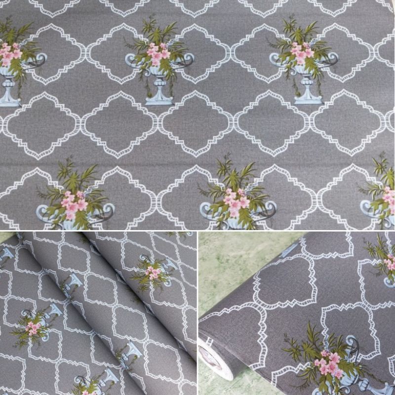 mWallpaper Dinding Wallpaper Sticker Dinding Warna Abu Putih Variasi Bunga Pink Bisa COD Grosir Terj