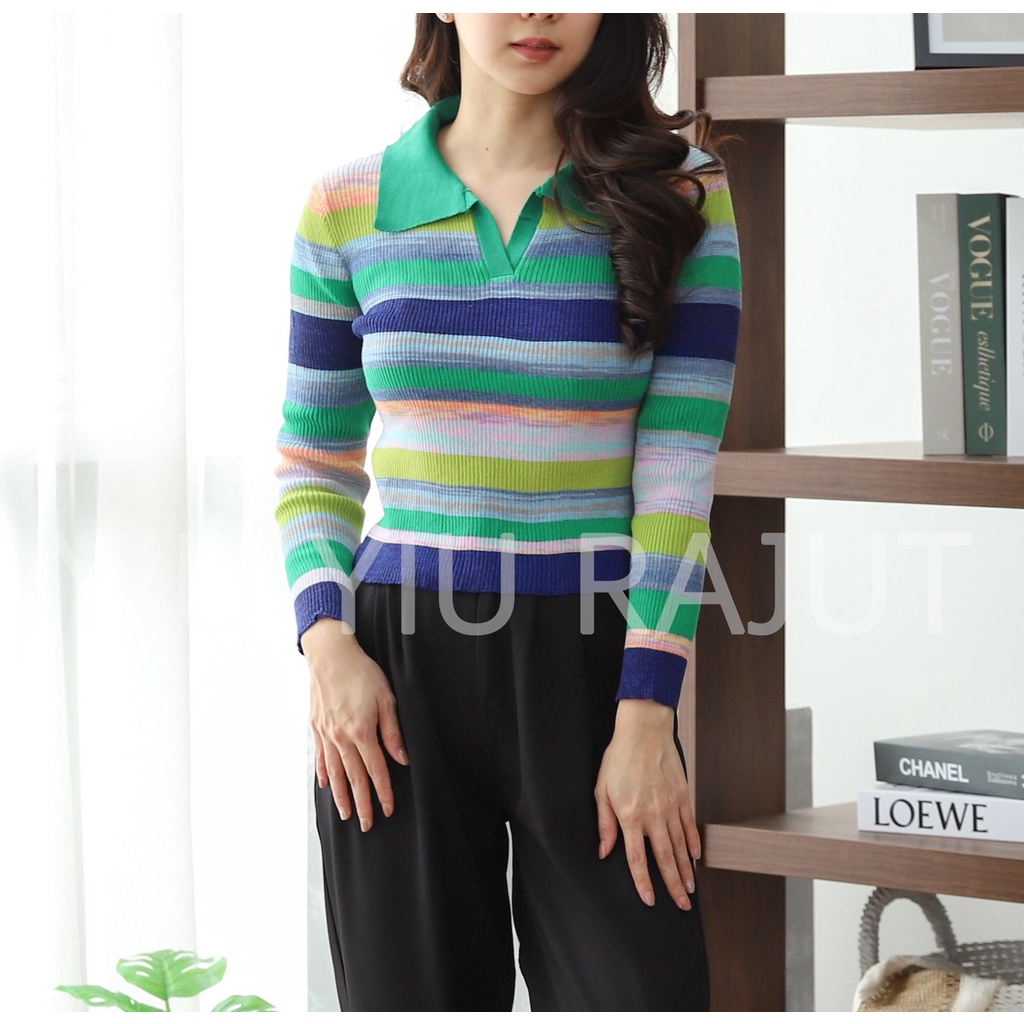 YIU YIU Rajut - Baju Rajut Wanita Kaos Lengan Panjang Stripe Sweater Terbaru Korean Style