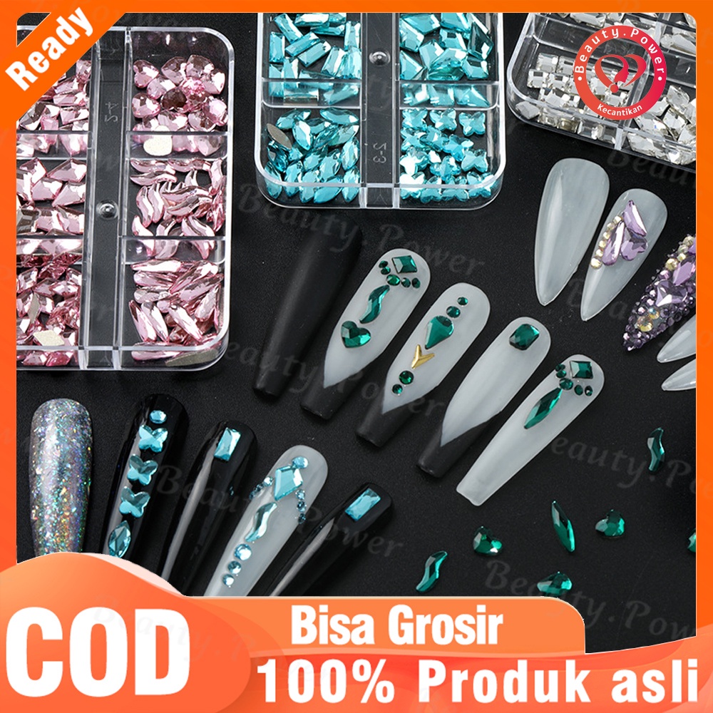 1 Kotak Kantong Berlian Imitasi Bentuk Asimetris Untuk Dekorasi Rhinestones 3D Nail Art DIY