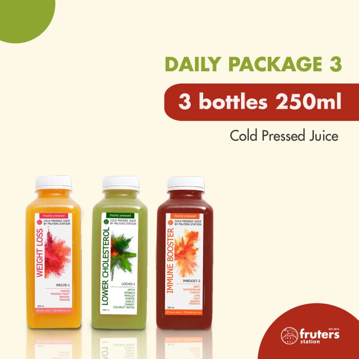 

COLD PRESSED JUICE 100% ASLI 3 BOTOL 250 ML DAILY PACKAGE 3 FRUTERS