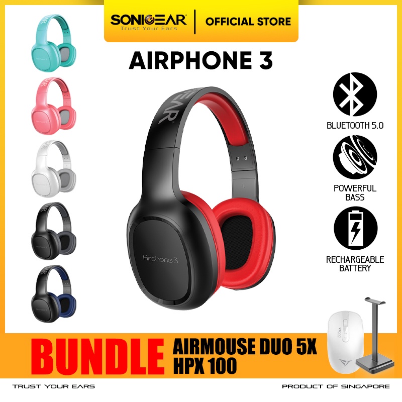 Headphone Bluetooth SonicGear Airphone 3 Build-in Mic | Bundle Mouse Arimouse DUO 5X & Stand Headset