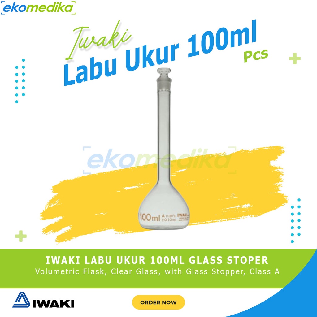 Labu Ukur 100ml Glass, PP Stopper - Volumetric Flask IWAKI Labu Ukur 100ml Tutup Kaca, Plastik
