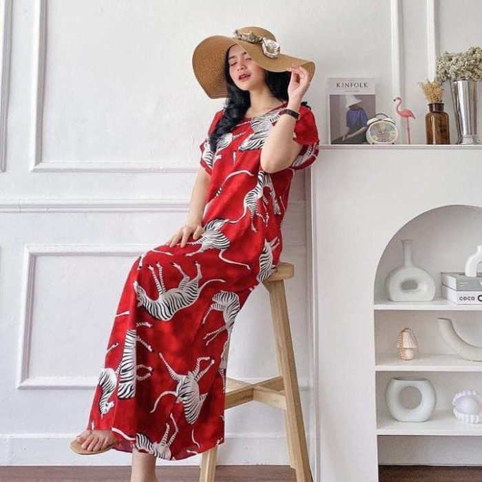 daster kekinian Dress Daster Viral Panjang Busui Semata Kaki Motif Red Zebra K7D6 promo best seller 