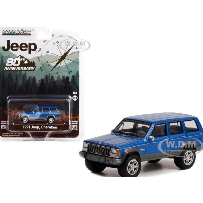 28100-D GREENLIGHT 1991 JEEP CHEROKEE BLUE 80TH ANNIVERSARY EDITION