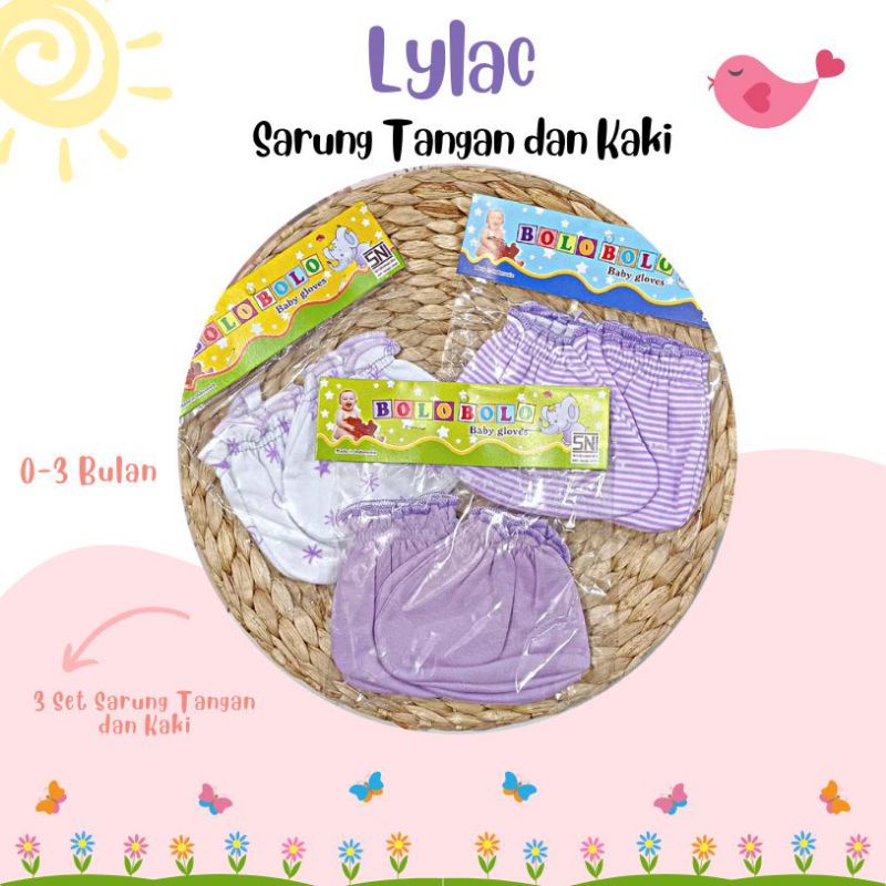 3 Set (12 Pcs)  Sarung Tangan dan Kaos Kaki Bayi Newborn 0-3 Bulan Lilac Series Bolo SNI