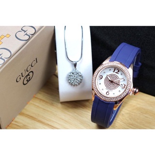 Jam Tangan Wanita Gc Strap Rubber 6002Y Case Bulat Permata Free Kalung, Box dan Baterai