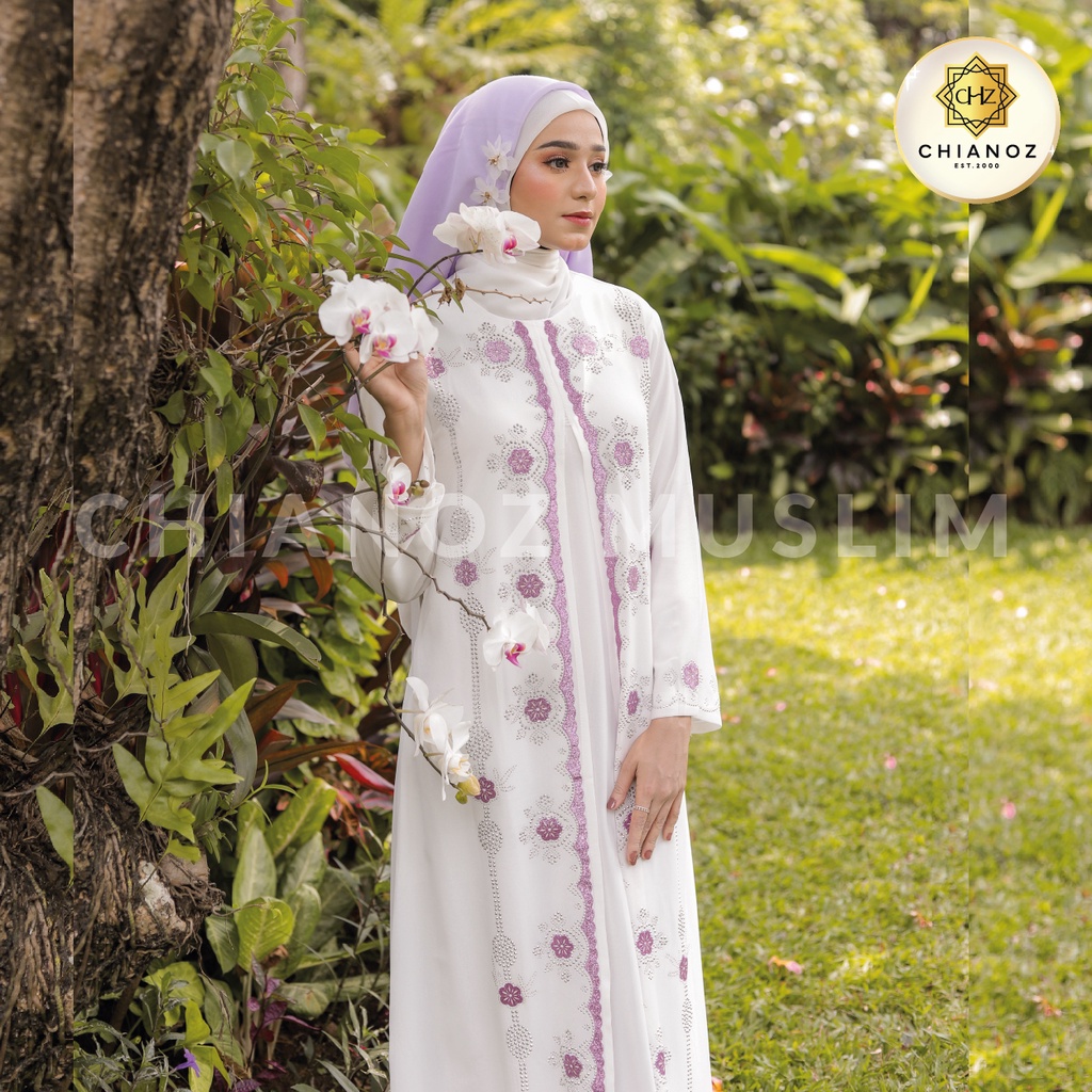 CHIANOZ Gamis Putih Mewah Ariana Dress Brukat Renda Baju Lebaran Umroh Haji Manasik Pesta Akad 218 502